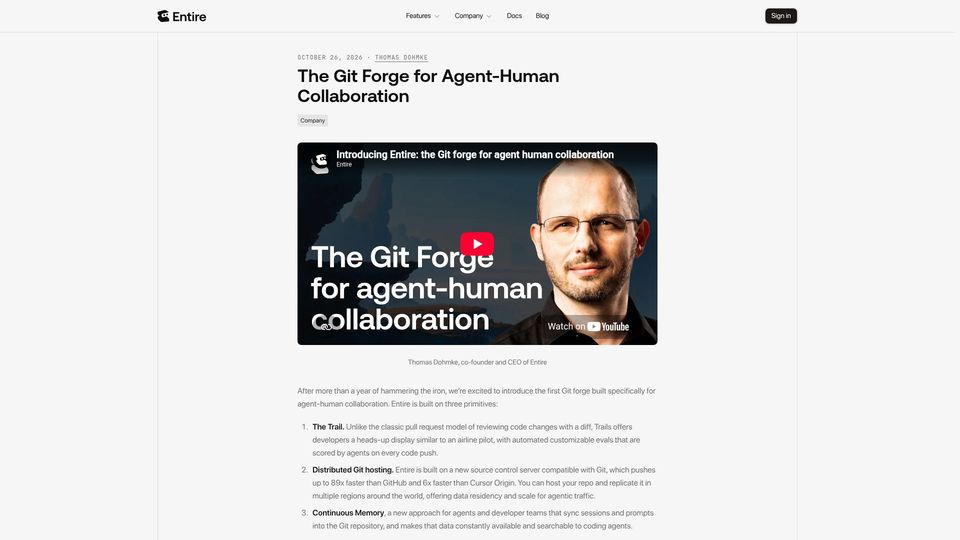 Screenshot of entire.com: The Git Forge for Agent-Human Collaboration