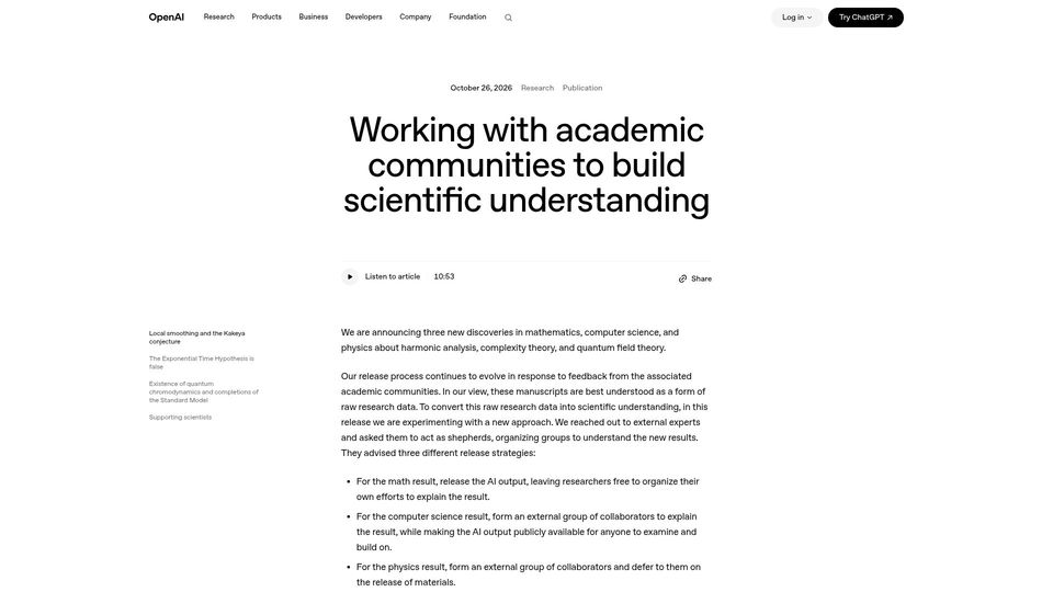 Screenshot of openai.com: Working with academic communities to build scientific understanding