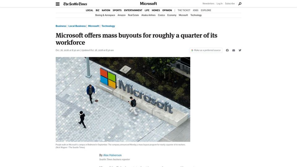 Screenshot of seattletimes.com: Microsoft offers mass buyouts for roughly a quarter of its workforce