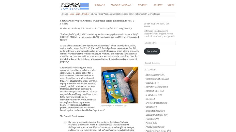 Screenshot of blog.ericgoldman.org: Should Police Wipe a Criminal's Cellphone Before Returning It?–U.S. vs. Stathas