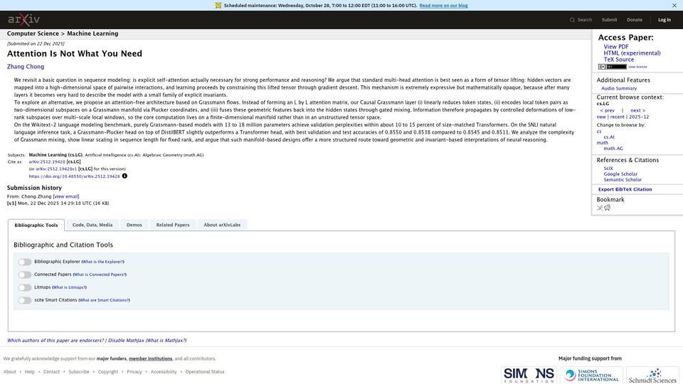 Screenshot of arxiv.org: Attention Is Not What You Need (2025)