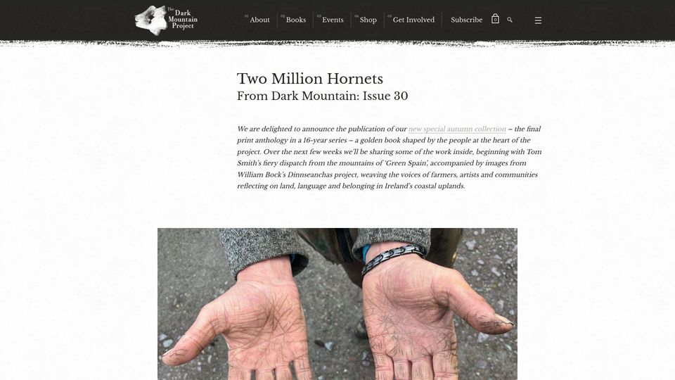 Screenshot of dark-mountain.net: Two Million Hornets