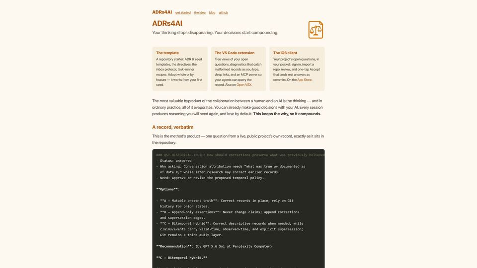 Screenshot of adrs.systems: Show HN: ADRs for AI – Deliberation records for human–AI work, versioned in Git
