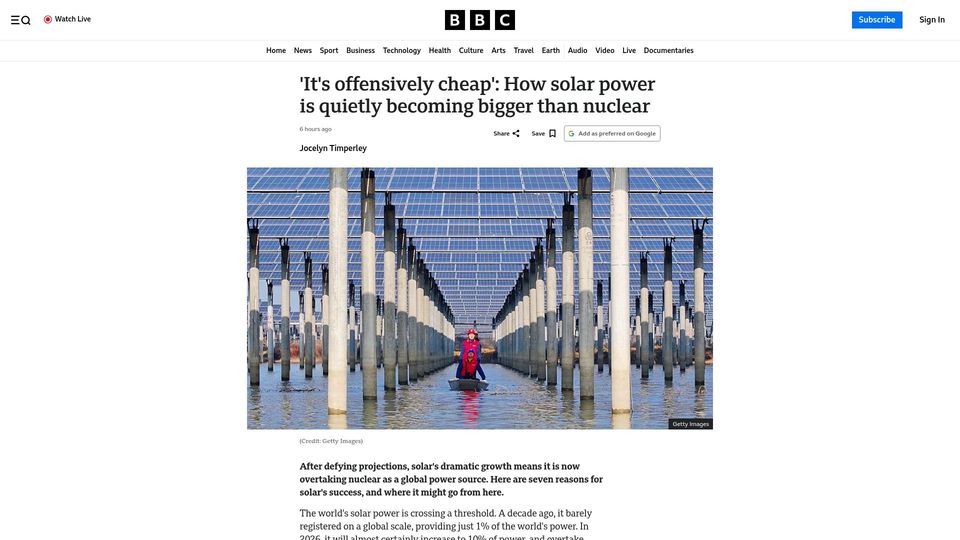 Screenshot of bbc.com: 'It's offensively cheap': Solar power is quietly becoming bigger than nuclear