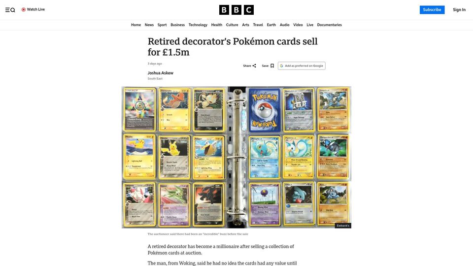 Screenshot of bbc.co.uk: Retired decorator's Pokémon cards sell for £1.5M