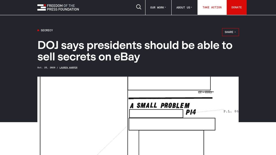 Screenshot of freedom.press: DOJ says presidents should be able to sell secrets on eBay