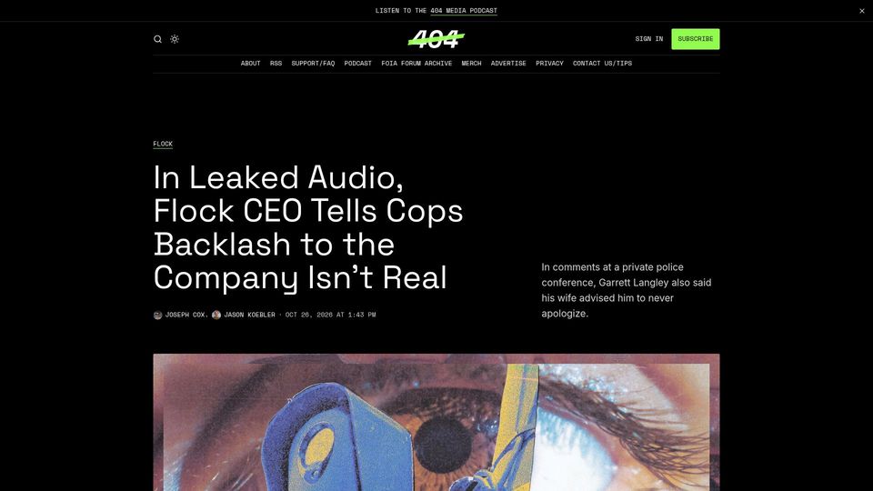 Screenshot of 404media.co: In Leaked Audio, Flock CEO Tells Cops Backlash to the Company Isn't Real