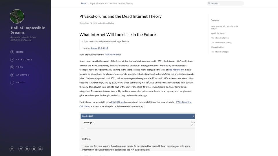 Screenshot of hallofdreams.org: PhysicsForums and the Dead Internet Theory (2025)