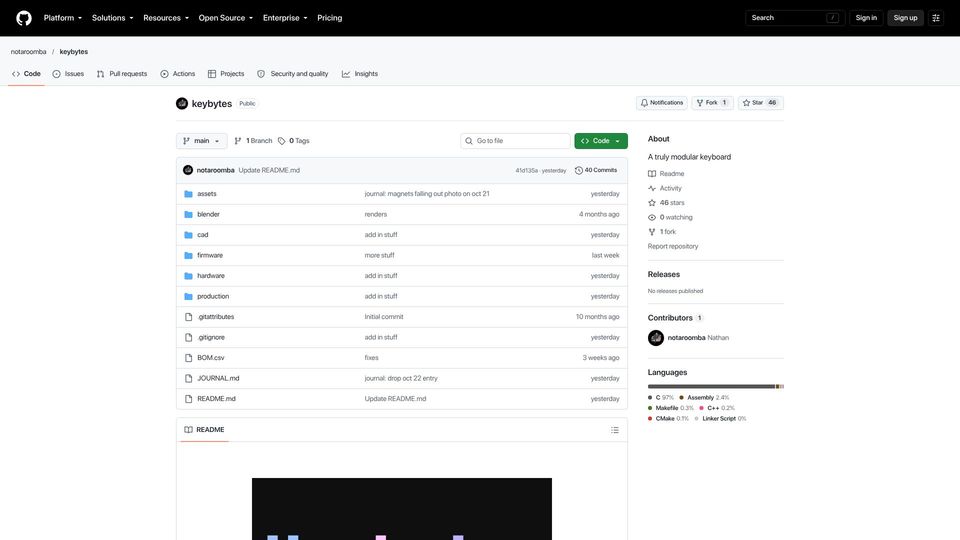 Screenshot of github.com: Show HN: A Truly Modular Keyboard