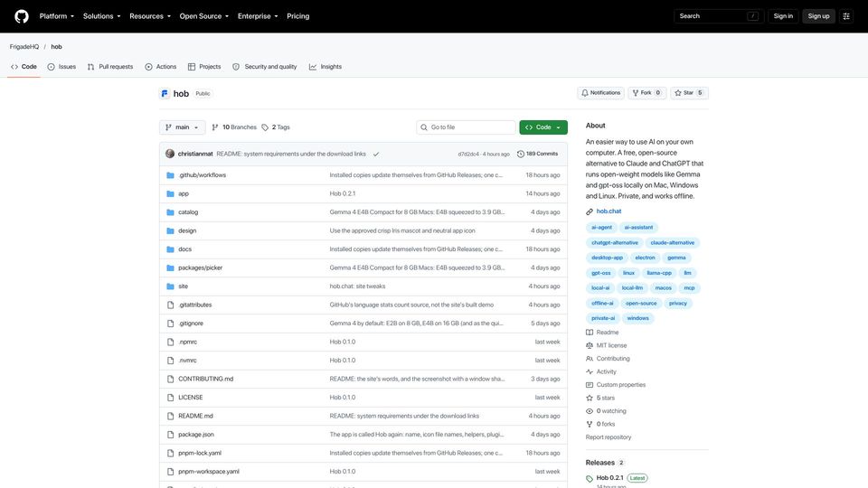 Screenshot of github.com: Show HN: Hob - Open-source, on device alternative to Claude Cowork and ChatGPT