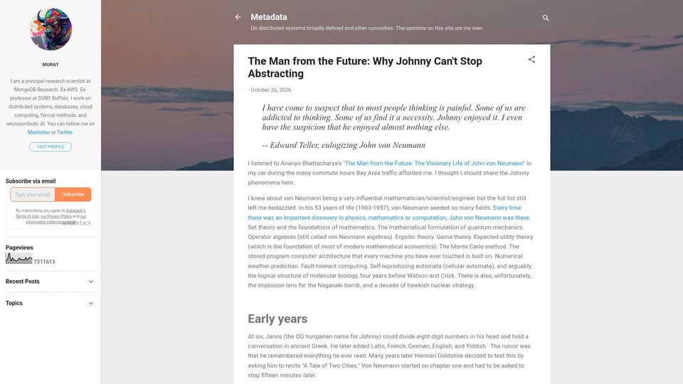Screenshot of muratbuffalo.blogspot.com: A Man from the Future: Why Johnny Can't Stop Abstracting