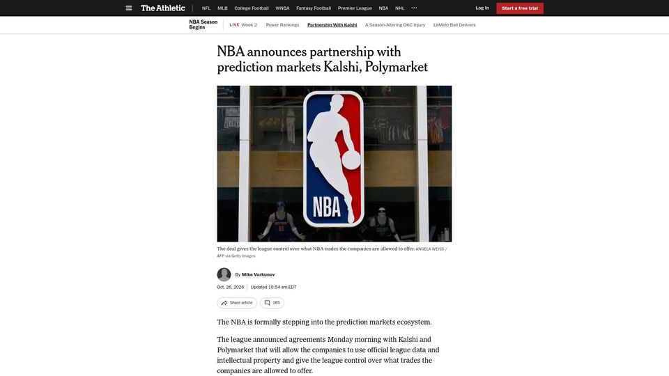 Screenshot of nytimes.com: NBA announces partnership with prediction markets Kalshi, Polymarket