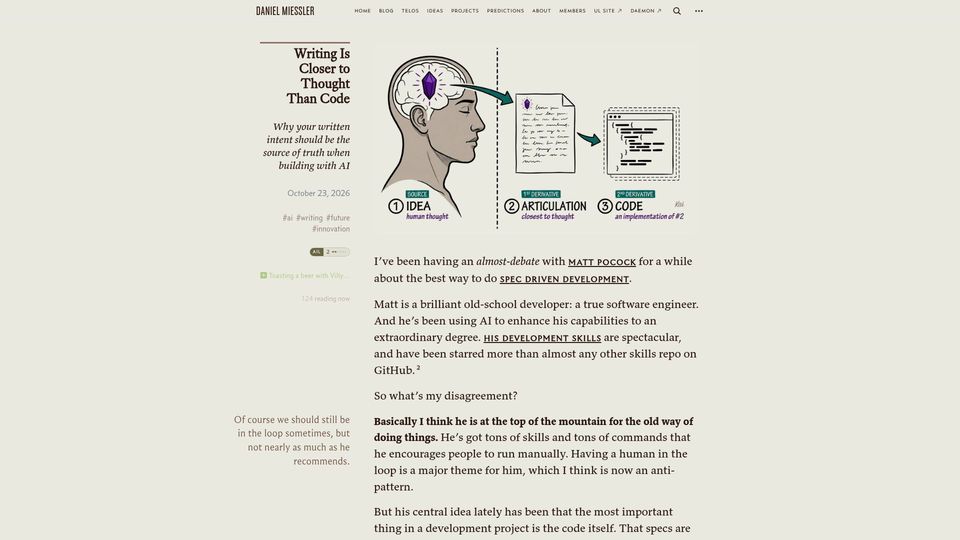 Screenshot of danielmiessler.com: Writing Is Closer to Thought Than Code
