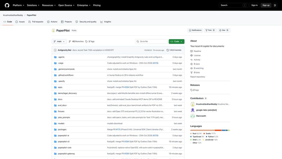 Screenshot of github.com: PaperPilot – Zero-Cloud, Pure-Rust PDF Engine with WASM and MCP