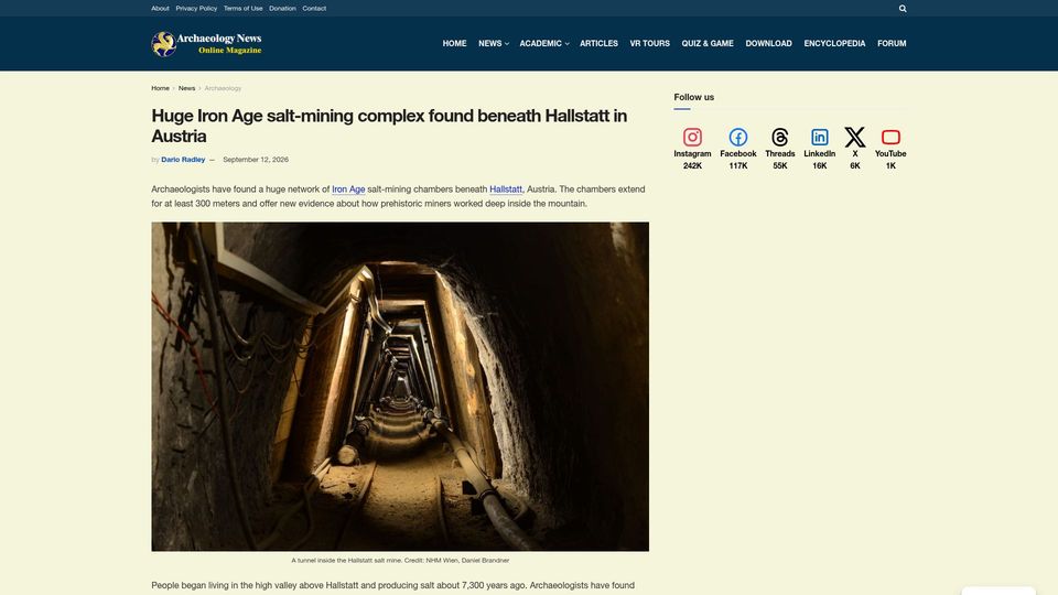 Screenshot of archaeologymag.com: Iron Age salt-mining complex found beneath Hallstatt in Austria