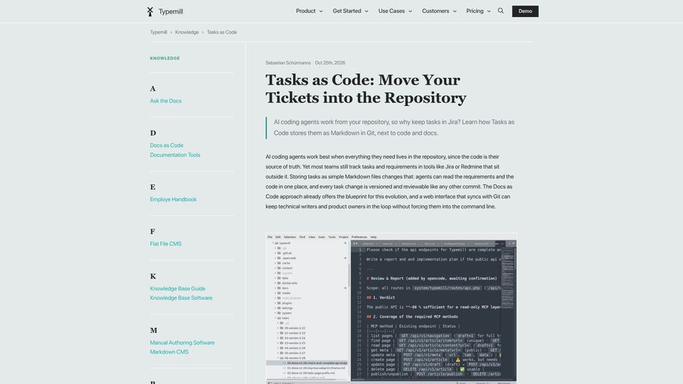 Screenshot of typemill.net: Tasks as Code: Move Your Tickets into the Repository