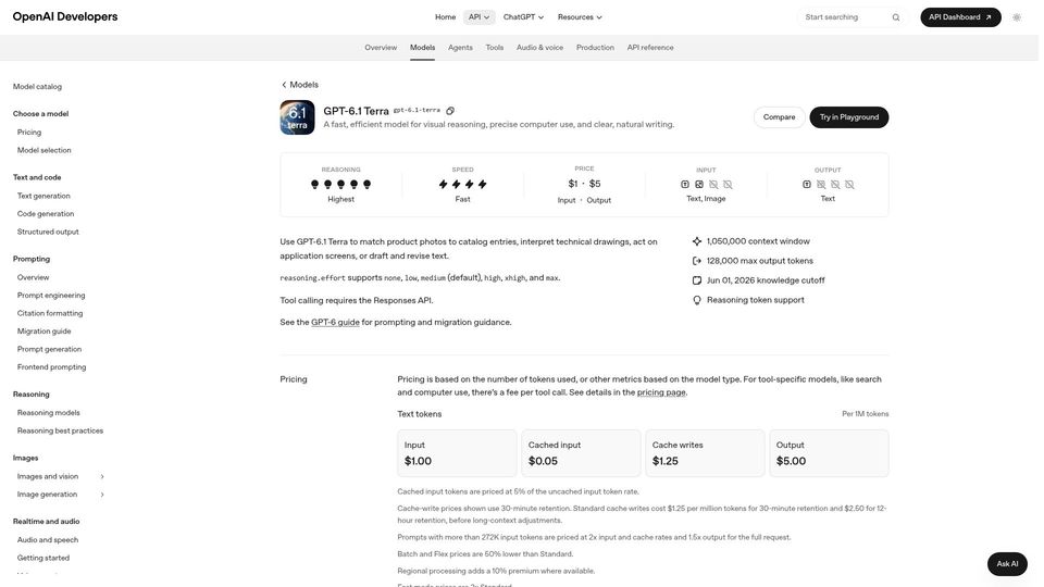 Screenshot of developers.openai.com: GPT 6.1 Terra