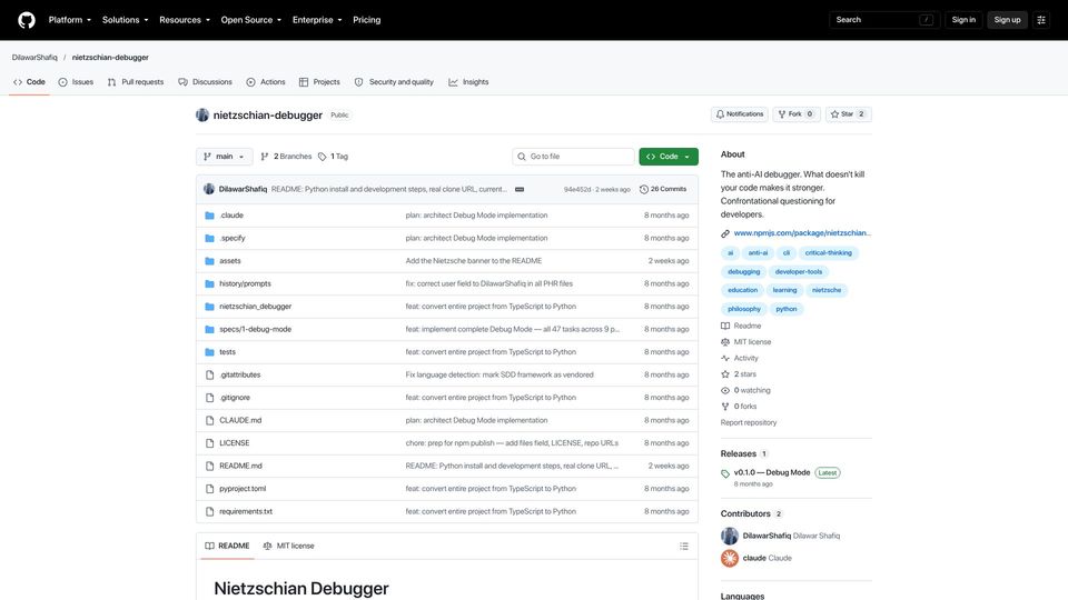 Screenshot of github.com: Nietzschian Debugger