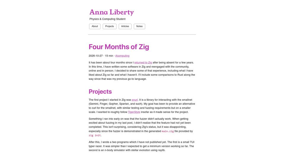 Screenshot of gracefulliberty.com: Four Months of Zig