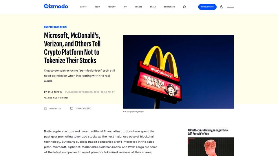 Screenshot of gizmodo.com: Microsoft and others tell crypto platform not to tokenize their stocks