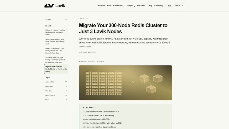 Screenshot of lavik.dev: Migrate Your 300-Node Redis Cluster to Just 3 Lavik Nodes