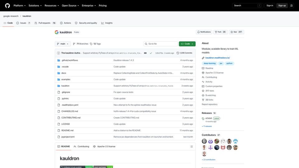 Screenshot of github.com: Kauldron: Modular, scalable library to train ML models