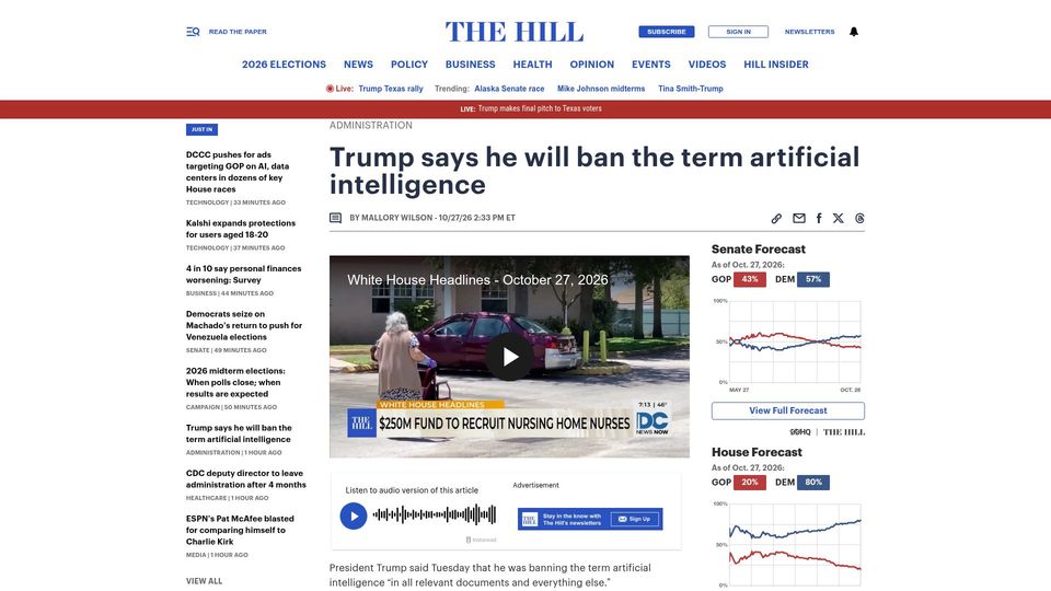 Screenshot of thehill.com: US President says he will ban the term 'artificial intelligence'