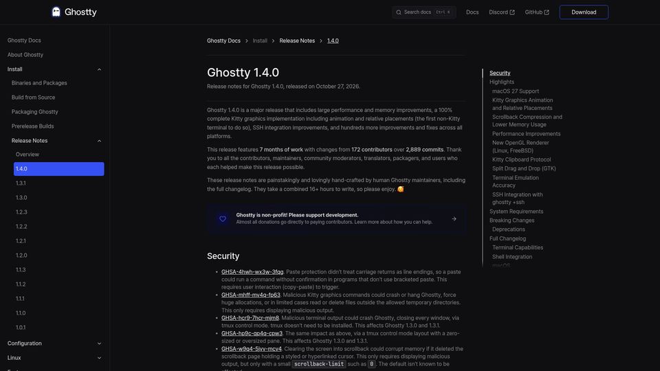 Screenshot of ghostty.org: Ghostty 1.4