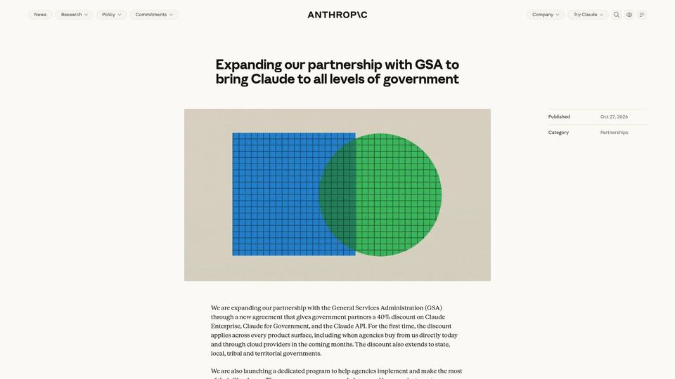 Screenshot of anthropic.com: Expanding our partnership with GSA to bring Claude to all levels of government