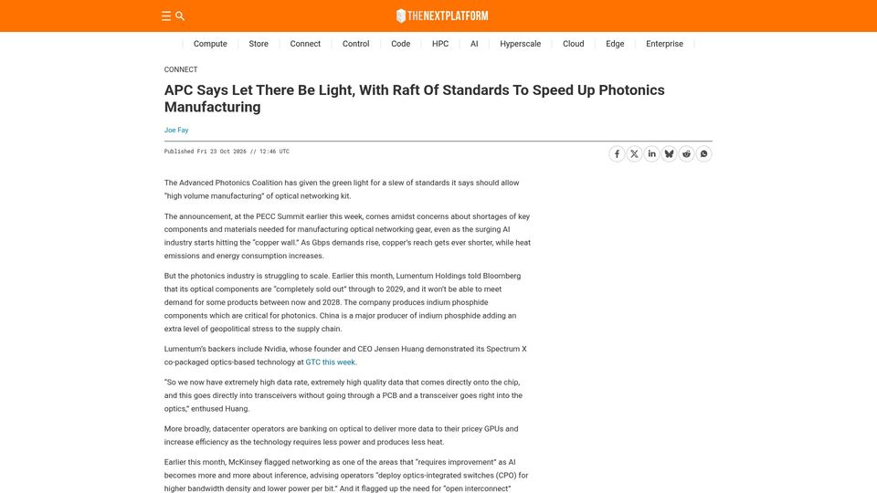 Screenshot of nextplatform.com: APC says let there be light, with standards to speed up photonics manufacturing