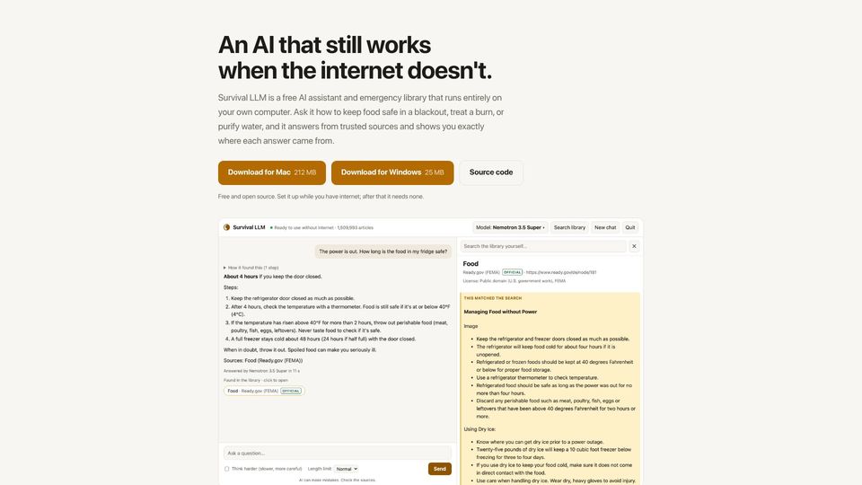 Screenshot of brangus.io: Survival LLM: AI assistant and emergency library that runs on your own computer