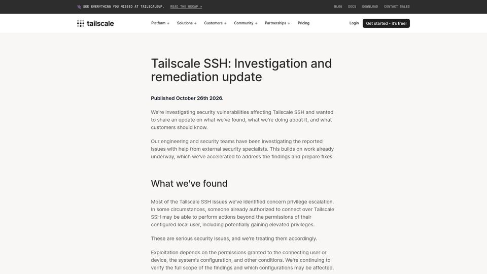 Screenshot of tailscale.com: Tailscale SSH: Investigation and remediation update