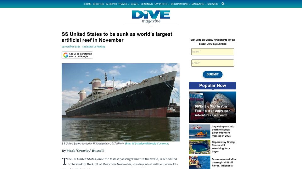 Screenshot of divemagazine.com: SS United States to be sunk as largest artificial reef