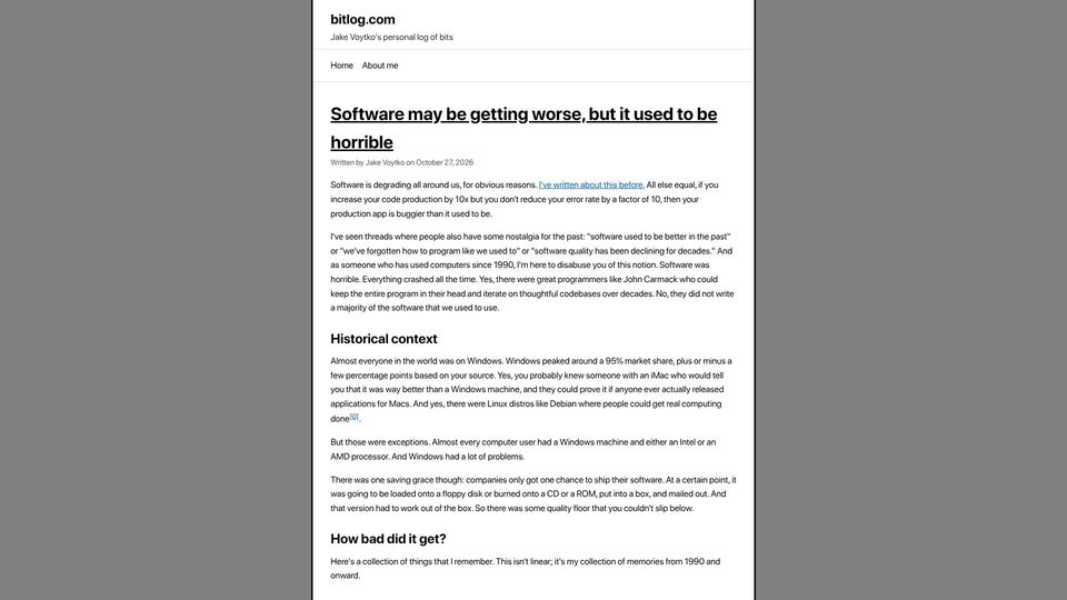 Screenshot of bitlog.com: Software may be getting worse, but it used to be horrible