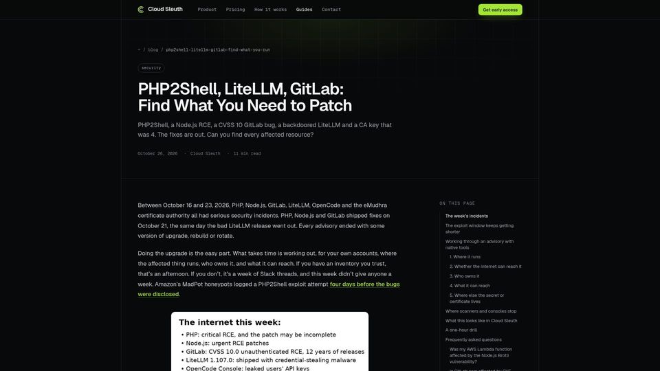 Screenshot of cloudsleuth.io: PHP2Shell, LiteLLM, GitLab: Find What You Need to Patch
