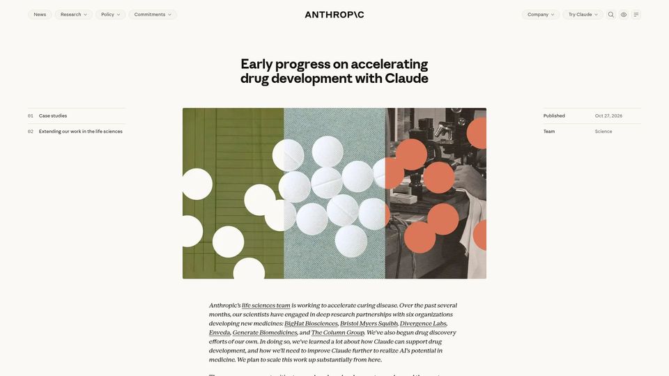 Screenshot of anthropic.com: Early progress on accelerating drug development with Claude