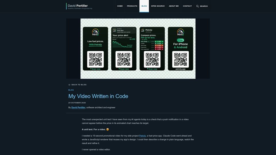 Screenshot of pertiller.tech: My video has unit tests
