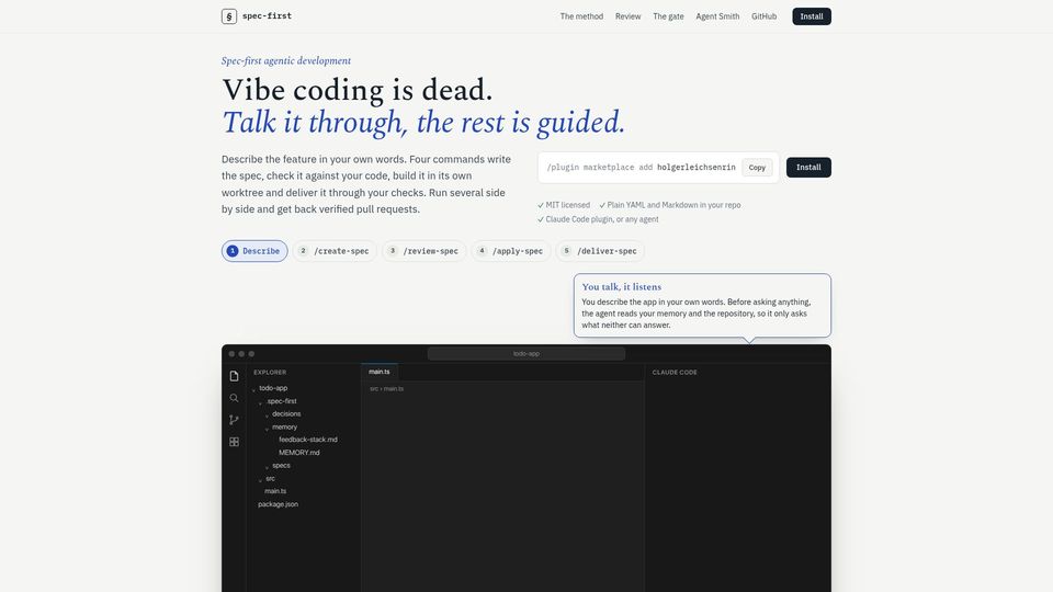 Screenshot of spec-first.dev: Show HN: Specification First Agentic Development Plugin and Prove