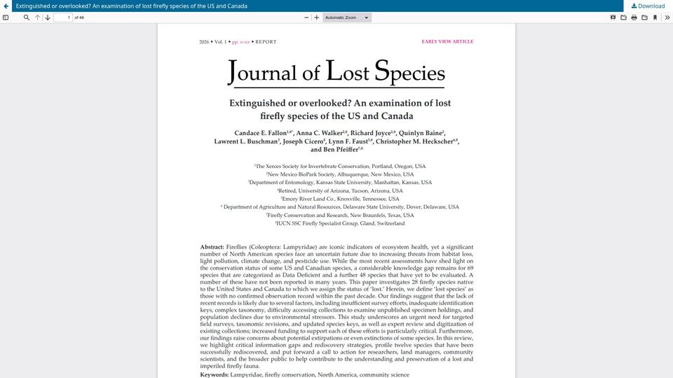 Screenshot of journaloflostspecies.org: An examination of lost firefly species of the US and Canada
