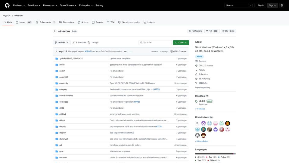 Screenshot of github.com: 16-bit Windows (Windows 1.x, 2.x, 3.0, 3.1, etc.) on 64-bit Windows