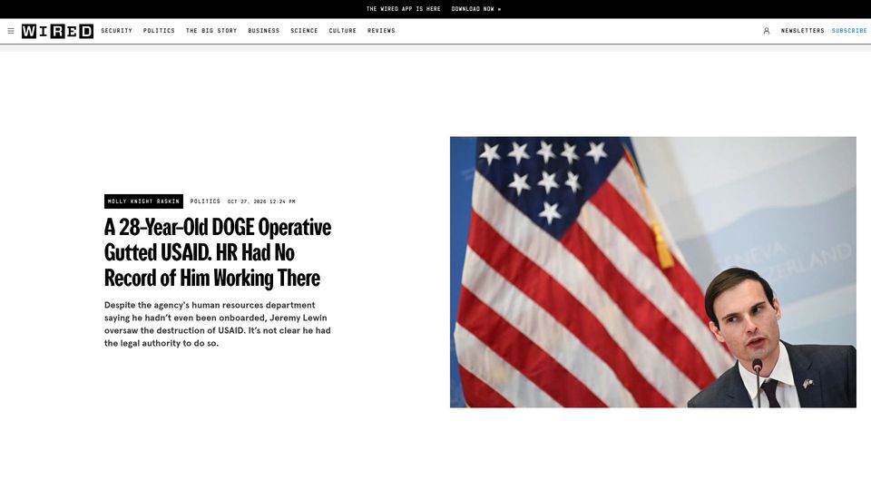 Screenshot of wired.com: A 28-Year-Old DOGE Operative Gutted USAID. HR Had No Record of Him Working There