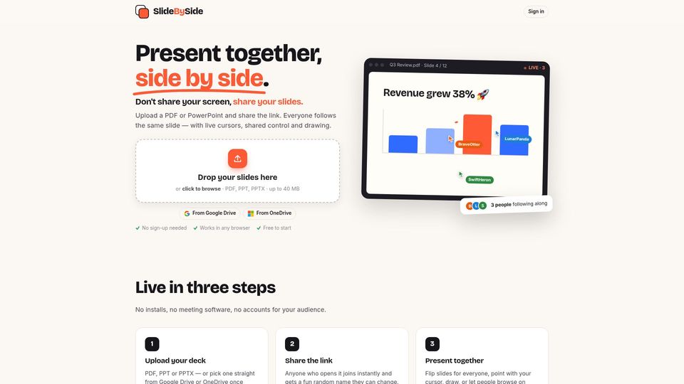 Screenshot of slidebyside.com: Show HN: SlideBySide – Present slides without sharing your screen