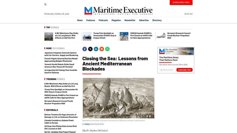 Screenshot of maritime-executive.com: Closing the Sea: Lessons from Ancient Mediterranean Blockades