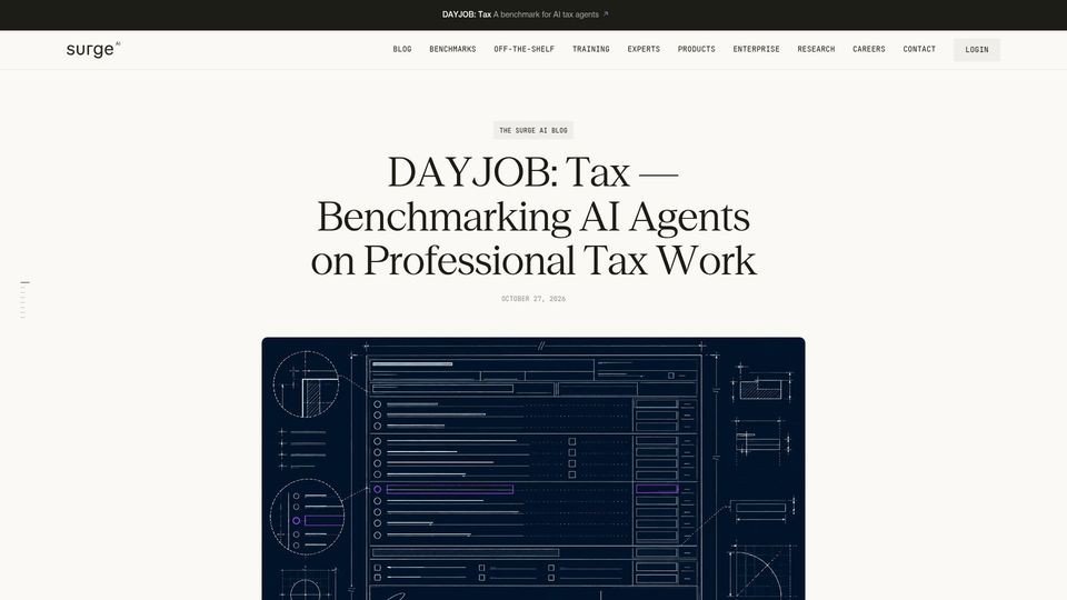 Screenshot of surgehq.ai: Dayjob: Tax – evaluating AI agents on 50 professional tax assignments