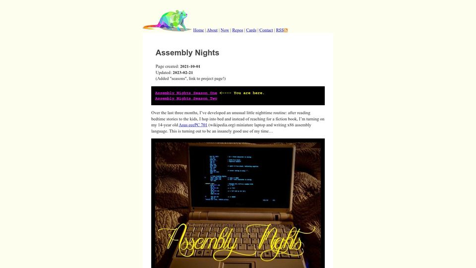 Screenshot of ratfactor.com: Assembly Nights (2021)