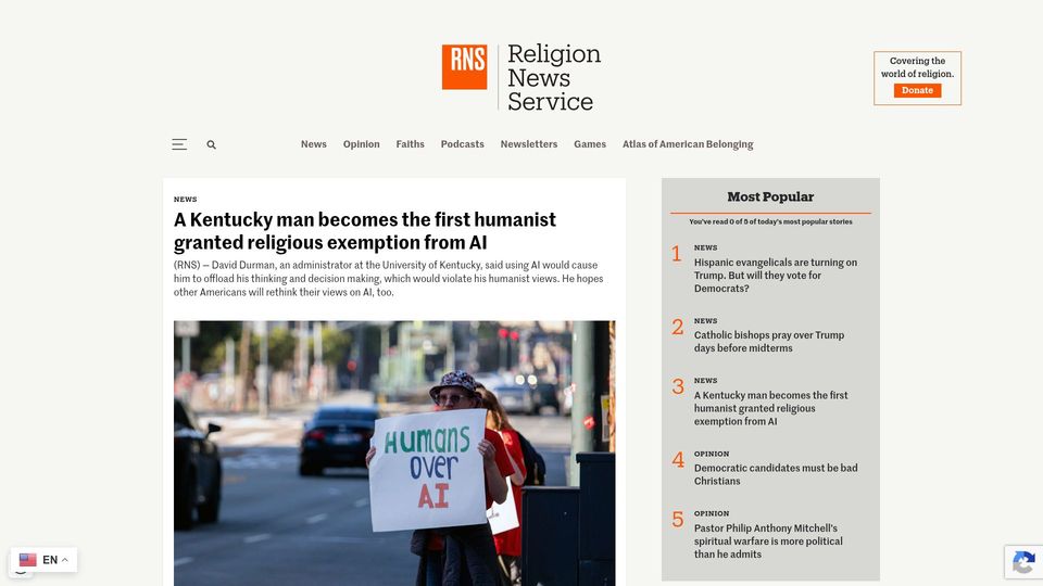 Screenshot of religionnews.com: Kentucky man becomes the first humanist granted religious exemption from AI