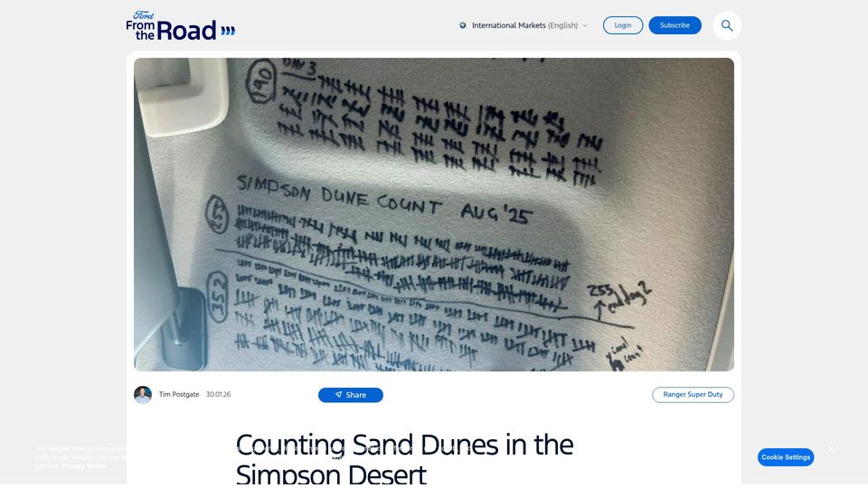 Screenshot of fromtheroad.ford.com: Counting Sand Dunes in the Simpson Desert