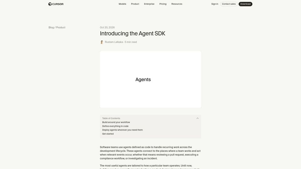 Screenshot of cursor.com: The Agent SDK