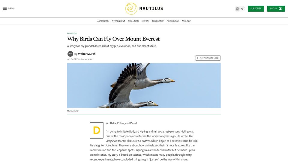 Screenshot of lede-v2.nautil.us: Why birds can fly over Mount Everest (2020)