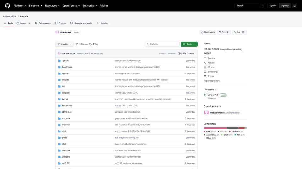 Screenshot of github.com: Moxnox 1.0: NT-Like, POSIX-Compatible OS Running Atop Btrfs
